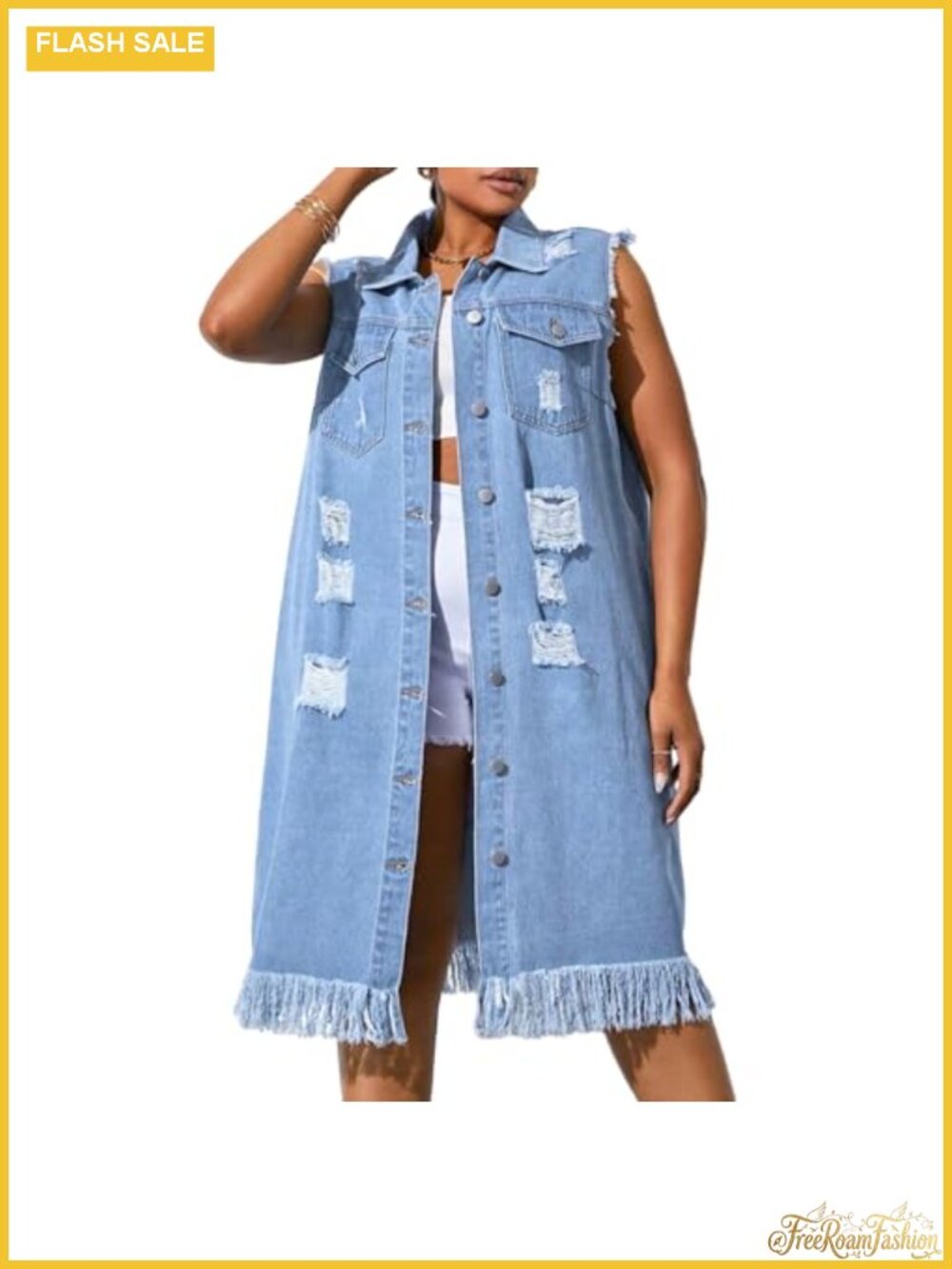 Plus Size Distressed Denim Vest Longline Oversized Sleeveless Button Front